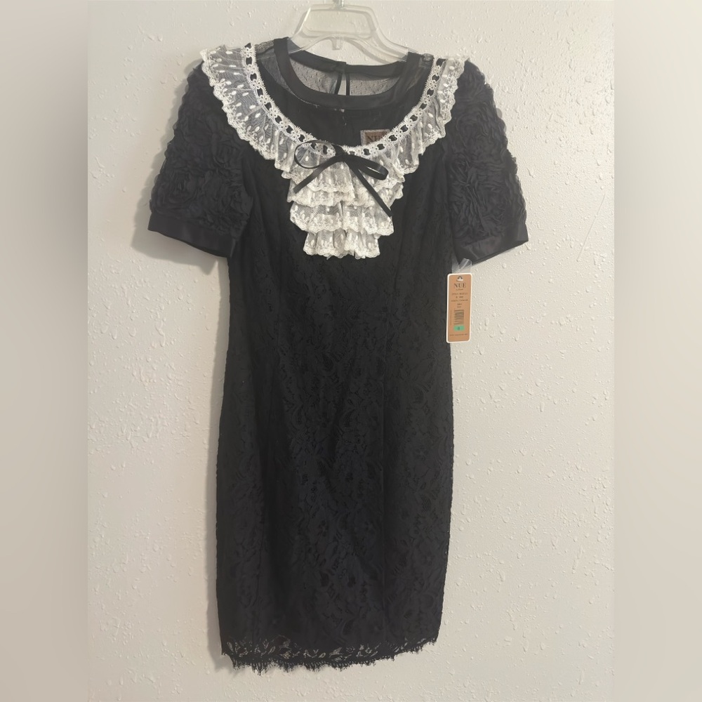 NUE by Shani Elegant Black Lace Dress with White Accents